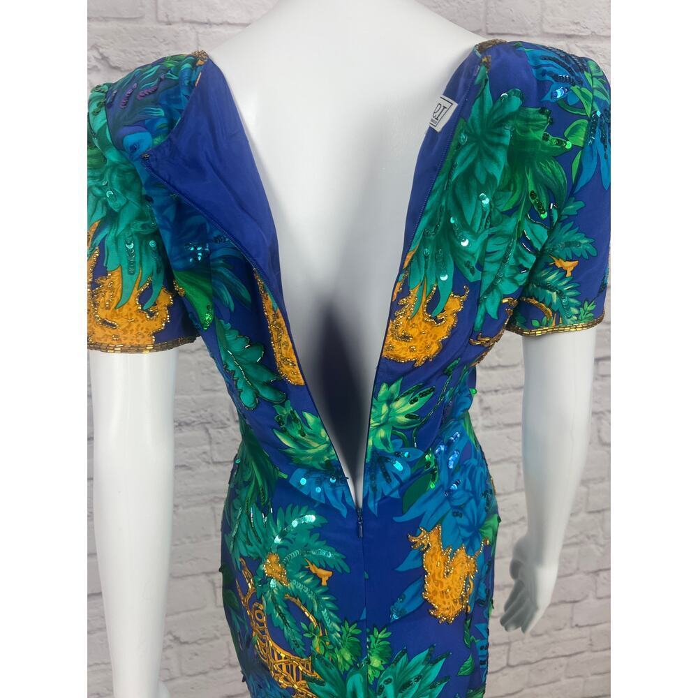 Vintage 1980s 100% Silk A.J. Bari Pattern Beaded and Sequins Dress - Picture 11 of 12